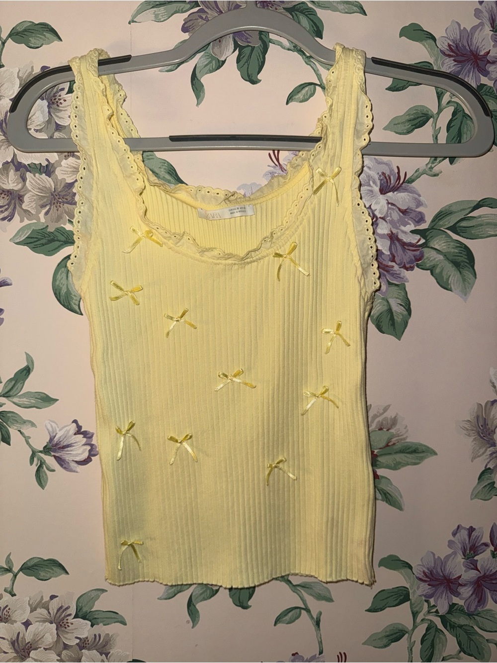 Zara Pale Yellow Ribbed Tank with Bow Accents